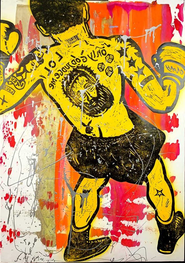 ”Boxare gul” är ett verk av John Rasimus gjort år 2017. Tekniken är Träsnitt, akryl, spray och är ett unikt exemplar. Verket mäter 100 x 70 cm.
