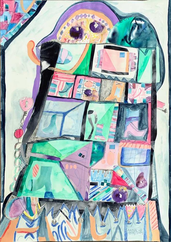 ”Dockskåp” är ett verk av Anna Tedestam gjort år 2020. Tekniken är Collage, Akvarell, oljepastell och blyerts på papper. Det är ett unikt exemplar som mäter 70 x 50 cm.