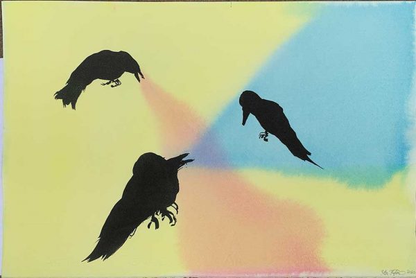 ”Black birds in color” är ett verk av Petri Hytönen gjort år 2020. Tekniken är Akvarell på pigmentprint. Det är ett unikt exemplar som mäter 39 x 56 cm.
