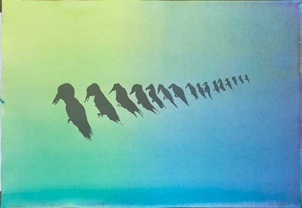 ”Black birds in color” är ett verk av Petri Hytönen gjort år 2020. Tekniken är Akvarell på pigmentprint. Det är ett unikt exemplar som mäter 39 x 56 cm.