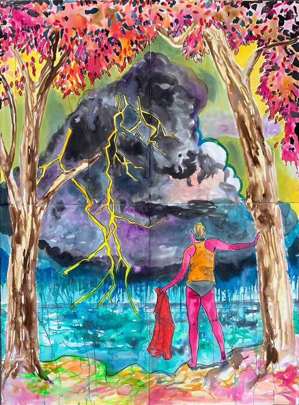”Flash woman” är ett verk av Linnea Jensen gjort år 2020. Tekniken är Akvarell på papper. Det är ett unikt exemplar som mäter 152 x 111 cm.