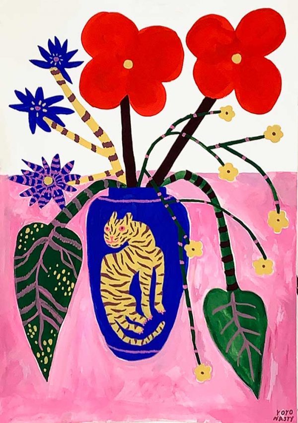 ”Nice tiger with flowers” är ett verk av Yoyo Nasty gjort år 2020. Tekniken är guache på papper och finns i ett unikt exemplar. Verket mäter 42 x 30 cm.