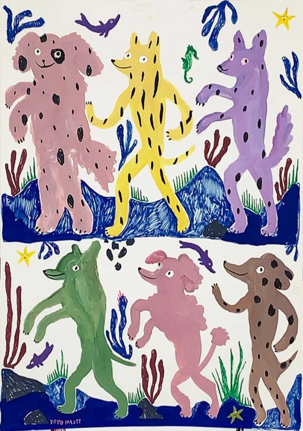 ”Walking the dogs at the bottom of the sea” är ett verk av Yoyo Nasty gjort år 2020. Tekniken är guache på papper och finns i ett unikt exemplar. Verket mäter 42 x 30 cm.