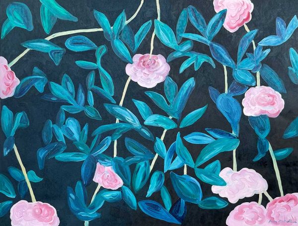 "Rosa blommor" är ett konstverk av Fanny Erkelius gjort år 2021. Tekniken är olja på papper och finns i ett unikt exemplar. Verket mäter 50 x 65 cm.