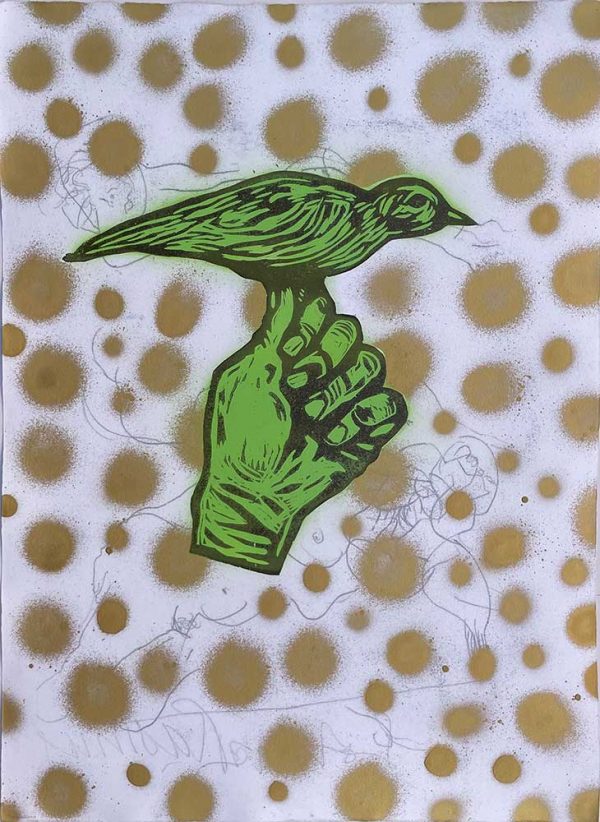 ”Green bird Gold dots” är ett verk av John Rasimus gjort år 2021. Tekniken är Träsnitt, akryl, penna och sprayfärg på papper och är ett unikt verk. Verket mäter 78 x 57 cm, och är signerat på baksidan.