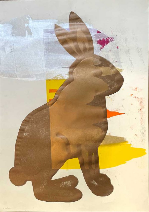 ”Hare” är ett verk av John Rasimus gjort år 2018. Tekniken är Träsnitt, akryl och sprayfärg på papper och är ett unikt verk. Verket mäter 70 x 50 cm, och är signerat på baksidan.