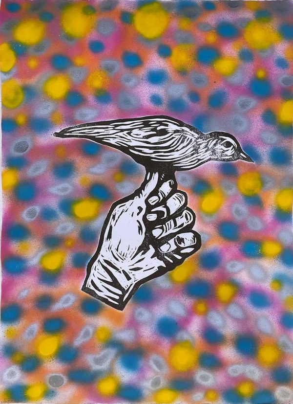 ”White bird color dots” är ett verk av John Rasimus gjort år 2021. Tekniken är Träsnitt, akryl och sprayfärg på papper och är ett unikt verk. Verket mäter 78 x 57 cm, och är signerat på baksidan.