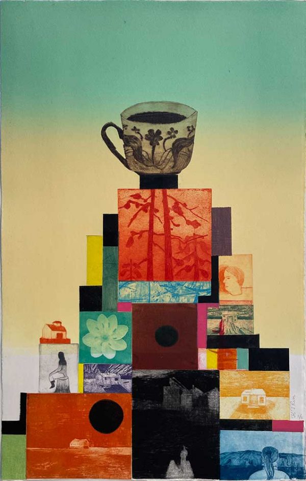 ”Eine Tasse Tee bitte” är ett verk av Kristina Thun gjort år 2022. Tekniken är Litografi, etsning, torrnål, fotopolymer och finns i en upplaga på 6 exemplar. Verket mäter 53 x 36 cm.