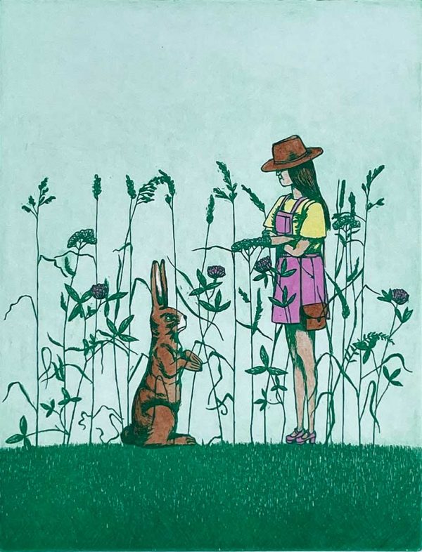 ”Hare och flicka” är ett konstverk av Eva Maria Ern gjort år 2022. Tekniken är etsning med handkolorerad tusch på papper och finns i en upplaga av 50 exemplar. Verket mäter 42 x 35 cm och själva bilden är 26 x 21 cm.