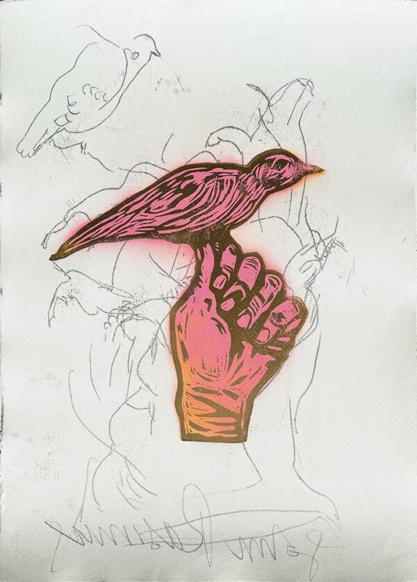 ”Rosa hand med fågel” är ett verk av John Rasimus gjort år 2023. Tekniken är Träsnitt, akryl, penna och sprayfärg på papper. Det är ett unikt verk. Verket mäter 79 x 57 cm, och är signerat på baksidan.