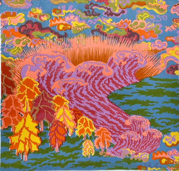 ”Solen och havet, violett” är ett verk av Amanda Sartori Leksell gjort år 2023. Verket är screentryck på viskos, monterat med tråd på papper och finns i upplaga 5. Verket mäter 61 x 64 cm, pappret är 69 x 69 cm.