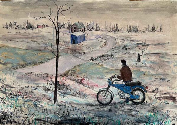 ”Pojke med moped” är ett verk av Fredrik Lindberg gjort år 2023. Tekniken är akryl på papper och verket är unikt. Verket mäter 35 x 50 cm, signerat av konstnären på baksidan, a tergo.