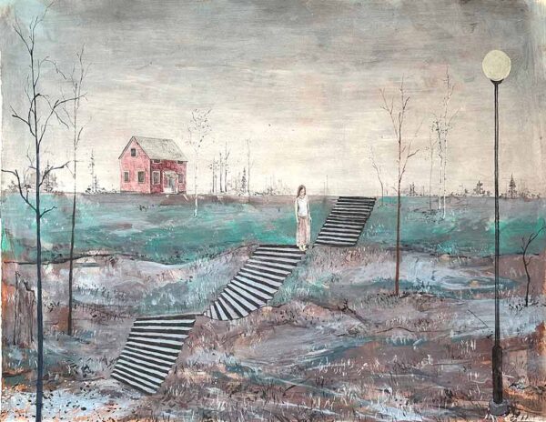 ”Trappan där du inte går” är ett verk av Fredrik Lindberg gjort år 2023. Tekniken är akryl på papper och verket är unikt. Verket mäter 50 x 70 cm, signerat av konstnären på baksidan, a tergo.