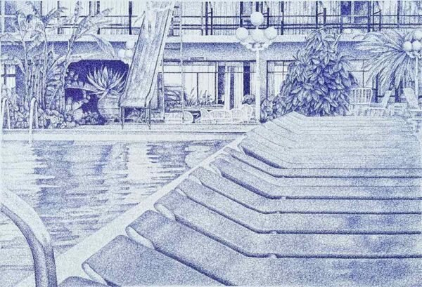 ”Hotellpoolen, 1985” är ett unikt verk av Anders Granberg gjort år 2023. Tekniken är kulspetspenna på papper i ett enda exemplar. Verket mäter 70 x 100 cm och bildytan är 63,5 x 94 cm, signerat av konstnären på baksidan.