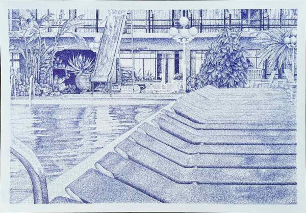 ”Hotellpoolen, 1985” är ett unikt verk av Anders Granberg gjort år 2023. Tekniken är kulspetspenna på papper i ett enda exemplar. Verket mäter 70 x 100 cm och bildytan är 63,5 x 94 cm, signerat av konstnären på baksidan.