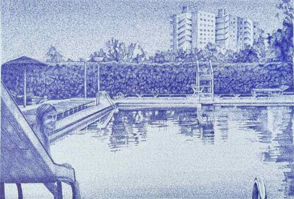 ”Kväll vid poolen, 1985” är ett unikt verk av Anders Granberg gjort år 2023. Tekniken är kulspetspenna på papper i ett enda exemplar. Verket mäter 70 x 100 cm och bildytan är 63,5 x 94 cm, signerat av konstnären på baksidan.