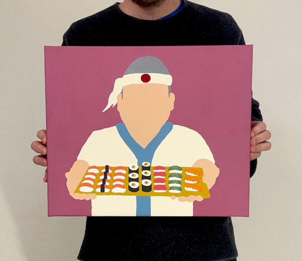 ”Sushi” är ett konstverk av Oskar Palmbäck gjort år 2023. Tekniken är akryl och vinyl på duk. Verket mäter 36 x 46 cm. Verket är signerat på baksidan.