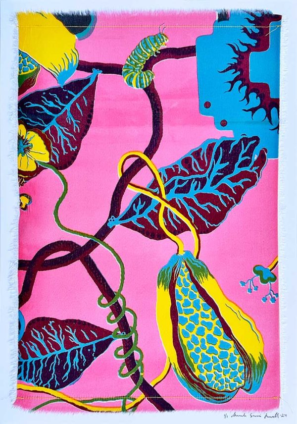 ”Imaginary garden, pink” är ett verk av Amanda Sartori Leksell gjort år 2024. Verket är screentryck på viskos, monterat på papper med sytråd och finns i en upplaga på 1 unikt exemplar. Verket mäter 42 x 30 cm, själva tryckta ytan mäter 40 x 27 cm.