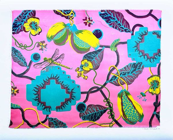 ”Imaginary garden, pink” är ett verk av Amanda Sartori Leksell gjort år 2024. Verket är screentryck på viskos, monterat på papper med sytråd och finns i en upplaga på 1 unikt exemplar. Verket mäter 60 x 73 cm, själva tryckta ytan mäter 50 x 65 cm.