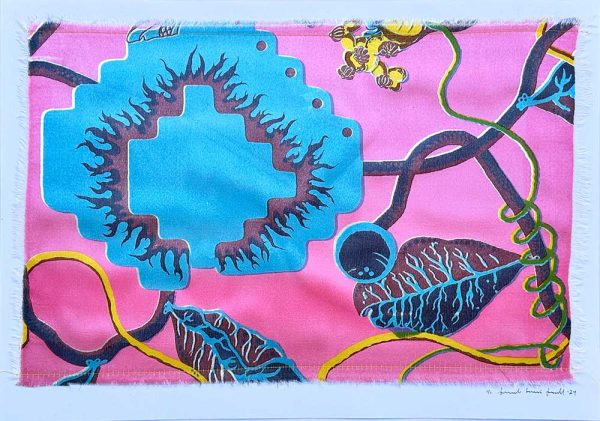 ”Imaginary garden, pink” är ett verk av Amanda Sartori Leksell gjort år 2024. Verket är screentryck på viskos, monterat på papper med sytråd och finns i en upplaga på 1 unikt exemplar. Verket mäter 30 x 42 cm, själva tryckta ytan mäter 27 x 40 cm.
