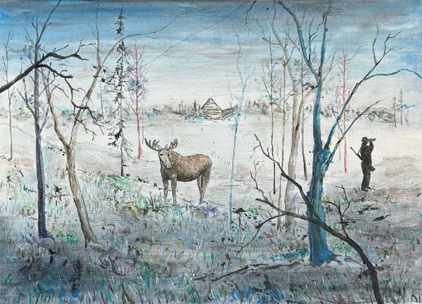 ”Älg och jägare” är ett verk av Fredrik Lindberg gjort år 2024. Tekniken är akryl på papper och verket är unikt. Verket mäter 35 x 50 cm, signerat och daterat av konstnären på baksidan, a tergo.