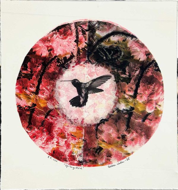 "Spring bird" är ett konstverk av Cecilia Uhlin. Det är en etsning, torrnål och fotopolymer på papper gjord 2025 i en upplaga om 1 exemplar och mäter 36 x 36 cm, med en bildyta på 28 x 28 cm. Signerat och numrerat på framsidan av konstnären.