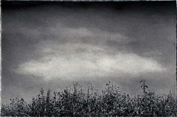 "Skymning" är en akvarell på rivet papper av Stefan Lindqvist, målad år 2024. Konstverket mäter 57 x 39 cm per blad, det är en triptyk dvs tre blad. Signerat på baksidan.