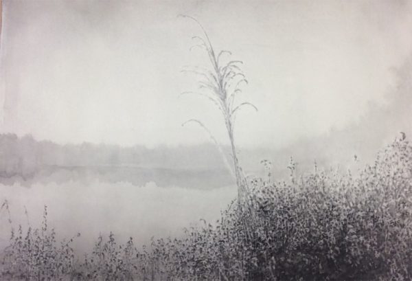 "Älvstranden" är en akvarellmålning på papper av Stefan Lindqvist, målad år 2017. Konstverket mäter 52 x 78 cm. Signerat på baksidan av konstnären, i ekram och glas 58 x 80 cm totalt.