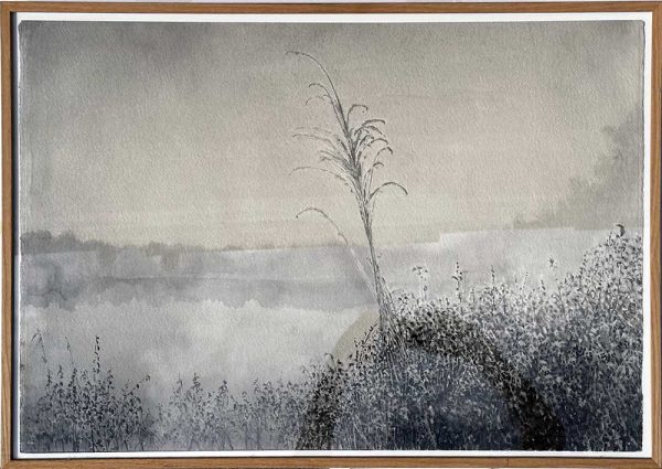 "Älvstranden" är en akvarellmålning på papper av Stefan Lindqvist, målad år 2017. Konstverket mäter 52 x 78 cm. Signerat på baksidan av konstnären, i ekram och glas 58 x 80 cm totalt.