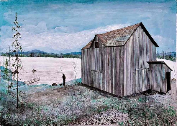 ”Fiskare och lada” är ett verk av Fredrik Lindberg gjort år 2025. Tekniken är akryl på papper och verket är unikt. Verket mäter 50 x 70 cm, signerat av konstnären på baksidan, a tergo.