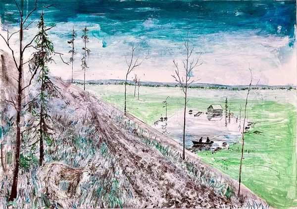 ”Räv och fiskare” är ett verk av Fredrik Lindberg gjort år 2025. Tekniken är akryl på papper och verket är unikt. Verket mäter 50 x 70 cm, signerat av konstnären på baksidan, a tergo.
