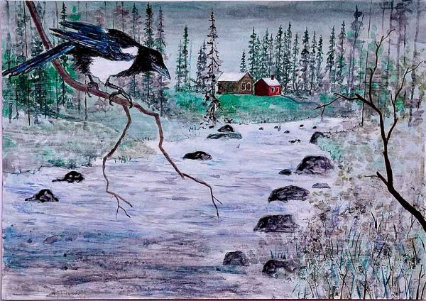 ”Skata vid å” är ett verk av Fredrik Lindberg gjort år 2025. Tekniken är akryl på papper och verket är unikt. Verket mäter 20 x 30 cm, signerat av konstnären på baksidan, a tergo.