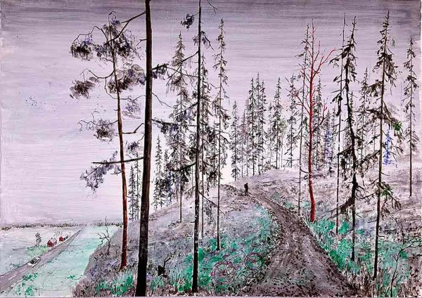 ”Vid dikets kant” är ett verk av Fredrik Lindberg gjort år 2025. Tekniken är akryl på papper och verket är unikt. Verket mäter 50 x 70 cm, signerat av konstnären på baksidan, a tergo.