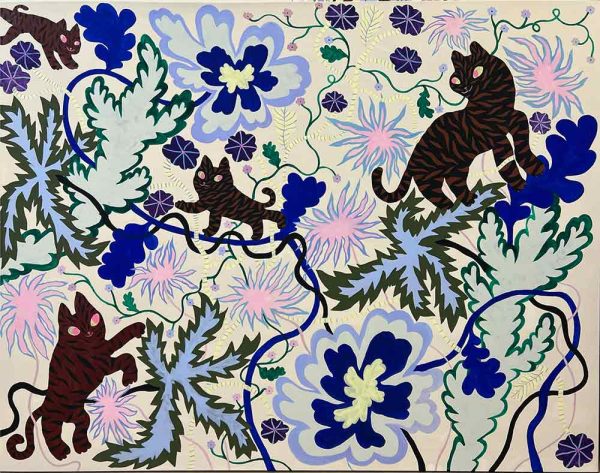”Tender Paw, Neon claw” av Yoyo Nasty. Det är flashe, akryl och akrylpenna på duk gjord 2025 i ett unikt exemplar och mäter 130 x 170 cm. Signerat av konstnären.