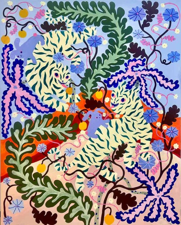 ”Juicy Squeezy” av Yoyo Nasty. Det är flashe, akryl och akrylpenna på duk gjord 2025 i ett unikt exemplar och mäter 150 x 120 cm. Signerat av konstnären.