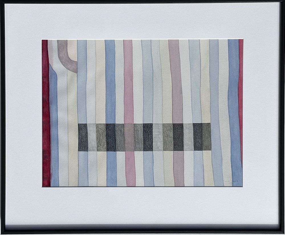 ”Del ur Norrnäsmatta” är gjort med akvarell på papper av Therese Szatek 2022. Det mäter 27 x 36 cm, med CC-glas och grå träram 42 x 51 cm.