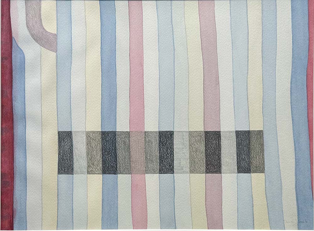 ”Del ur Norrnäsmatta” är gjort med akvarell på papper av Therese Szatek 2022. Det mäter 27 x 36 cm, med CC-glas och grå träram 42 x 51 cm.