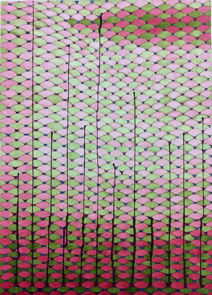 "Norrnäsmatta" är ett konstverk av Therese Szatek. Det är akvarell på papper gjord 2020 i ett unikt exemplar och mäter 76 x 56 cm i träram. Signerat av konstnären.