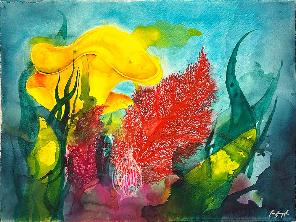 "Sub sea 8” är ett verk av Lars Lengquist gjort år 2026. Tekniken är akvarell på rivet styvt akvarellpapper och finns i ett unikt exemplar. Verket mäter 56 x 77 cm, signerat av konstnären.