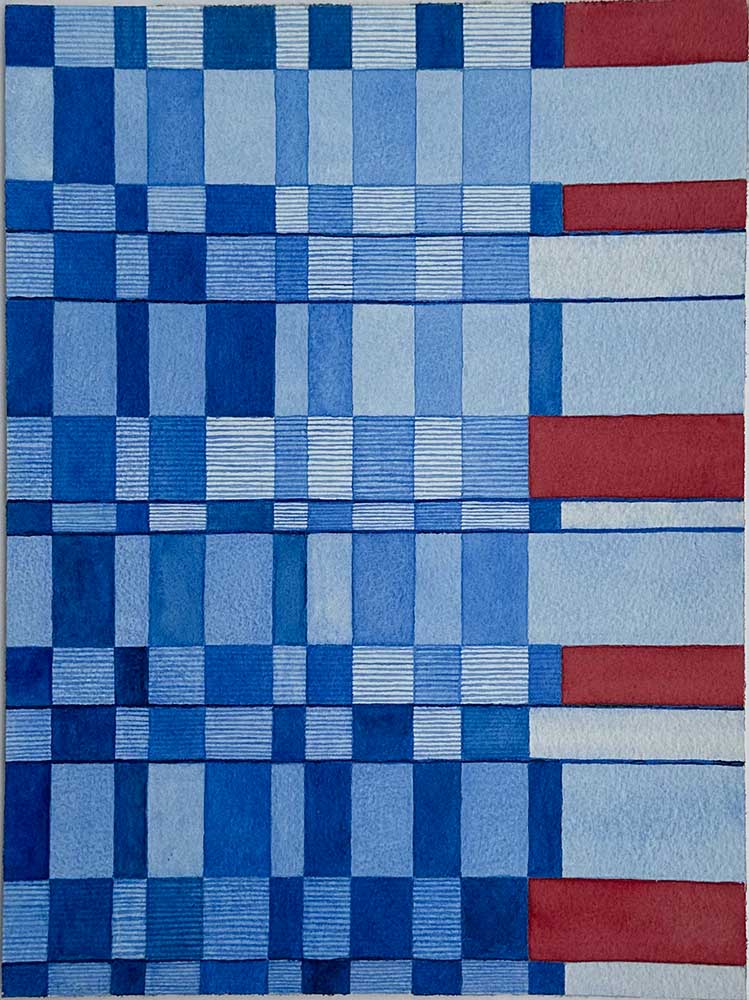 "Rutmönster 2" är ett konstverk av Therese Szatek. Det är akvarell på papper gjord 2025 i ett unikt exemplar och mäter 32 x 24 cm. Signerat av konstnären.