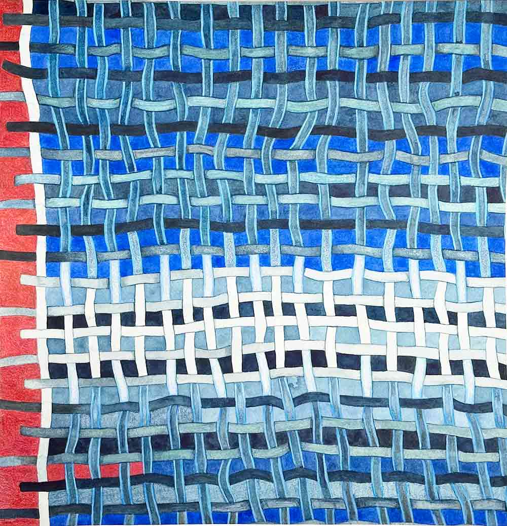 "Blå matta V" är ett konstverk av Therese Szatek. Det är akvarell och blyerts på papper gjord 2025 i ett unikt exemplar och mäter 45 x 46 cm. Signerat av konstnären.