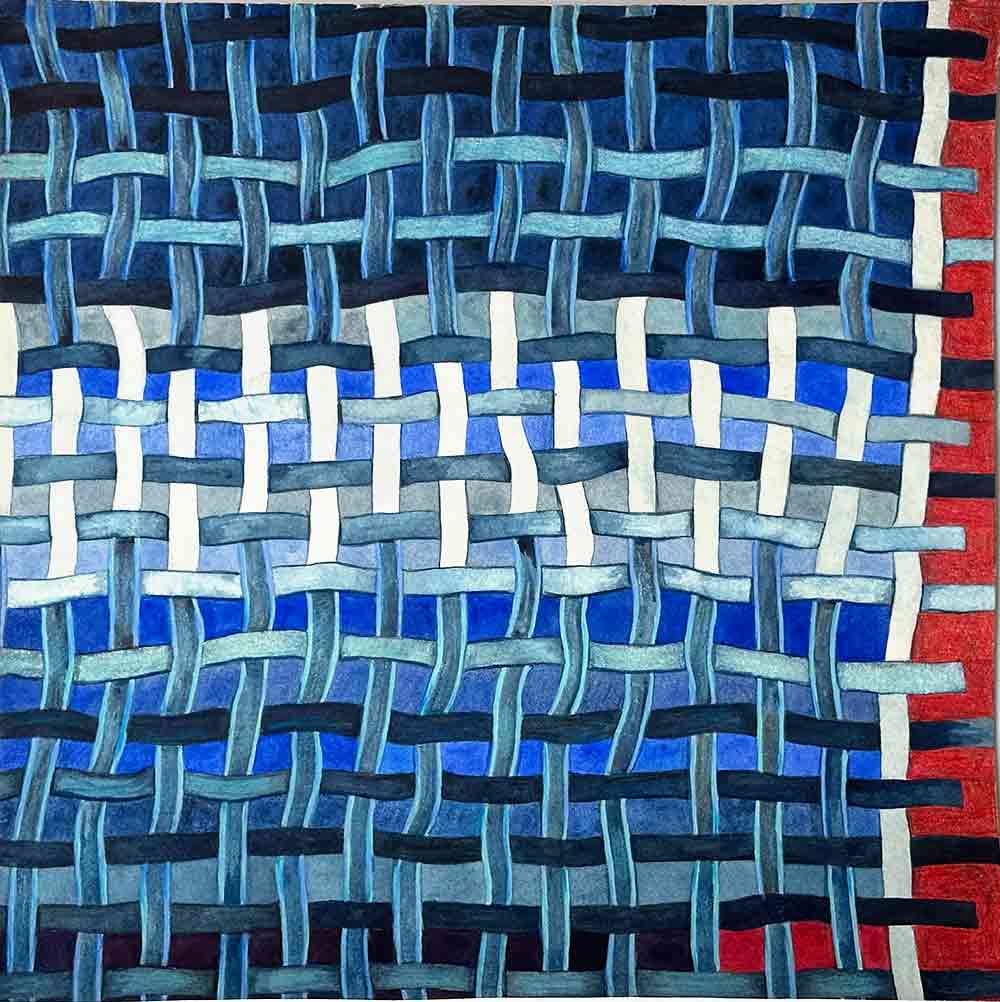 "Blå matta II" är ett konstverk av Therese Szatek. Det är akvarell och blyerts på papper gjord 2025 i ett unikt exemplar och mäter 36,5 x 36,5 cm. Signerat av konstnären.