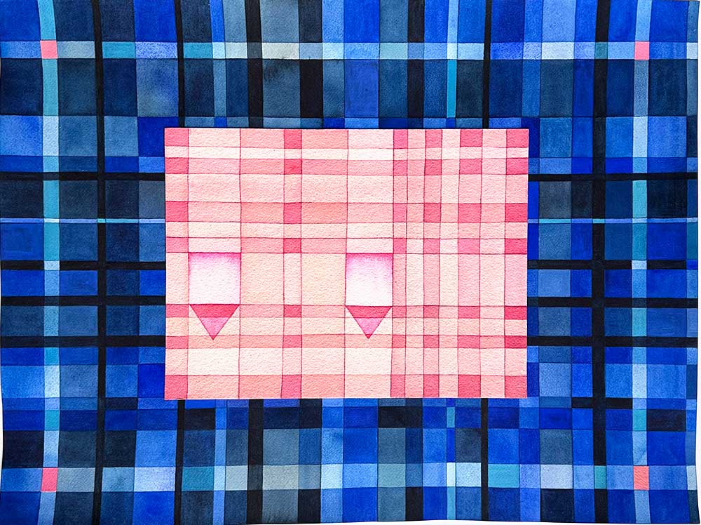 "Två hus" är ett konstverk av Therese Szatek. Det är collage med akvarell och blyerts på papper gjord 2026 i ett unikt exemplar och mäter 46 x 60 cm. Signerat av konstnären.