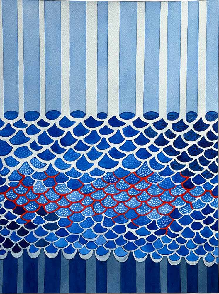 "Havsmatta" är ett konstverk av Therese Szatek. Det är akvarell och krita på papper gjord 2026 i ett unikt exemplar och mäter 41 x 31 cm. Signerat av konstnären.